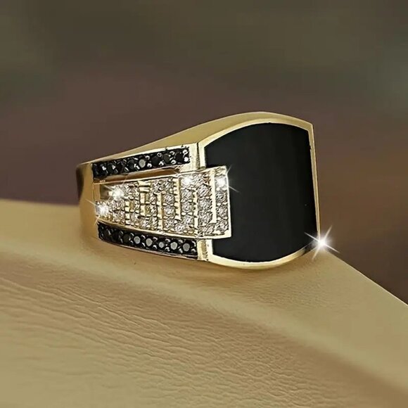 Black Agate Tungsten Steel Gold plated Mens CZ Diamond Ring NWT - Picture 4 of 5